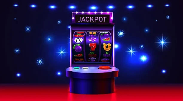 নীল আলোয় ‘JACKPOT’ লেখা একটি সাধারণ স্লট মেশিনের চিত্র